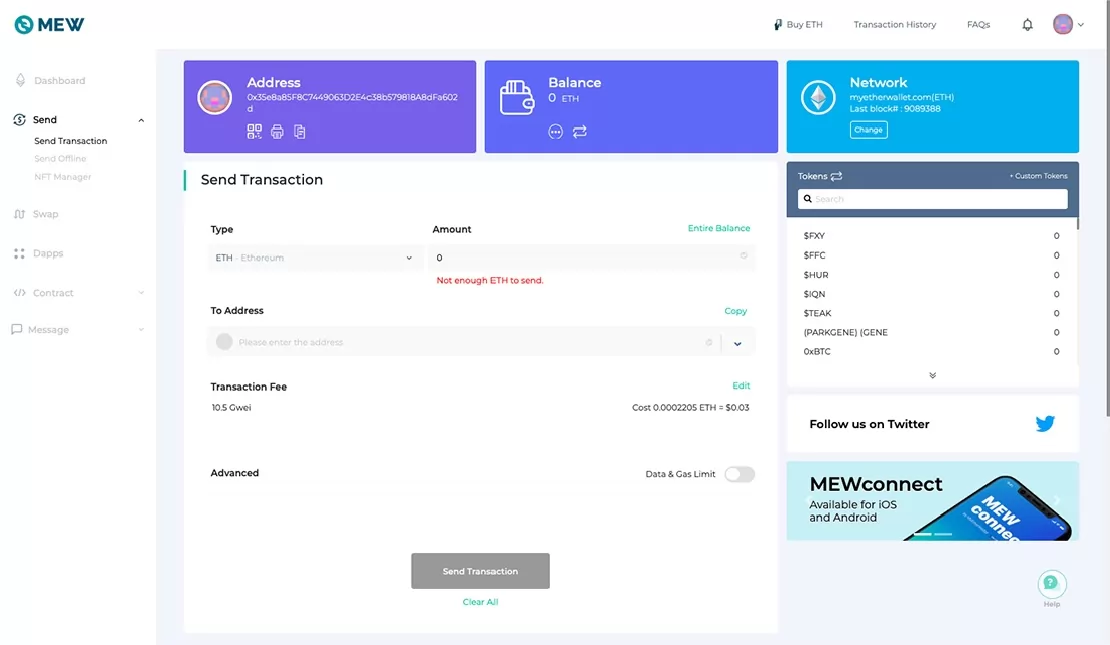 MyEtherWallet küldési felület. 